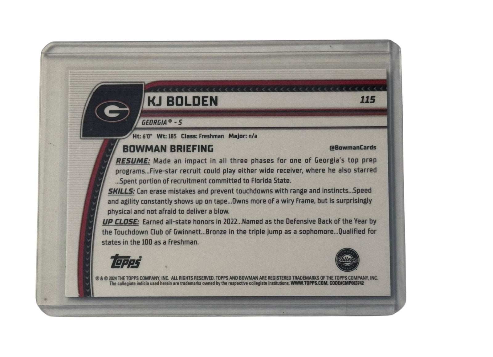 KJ Bolden RC 2024 Bowman U Chrome Card 115 Georgia Bulldogs football trading card