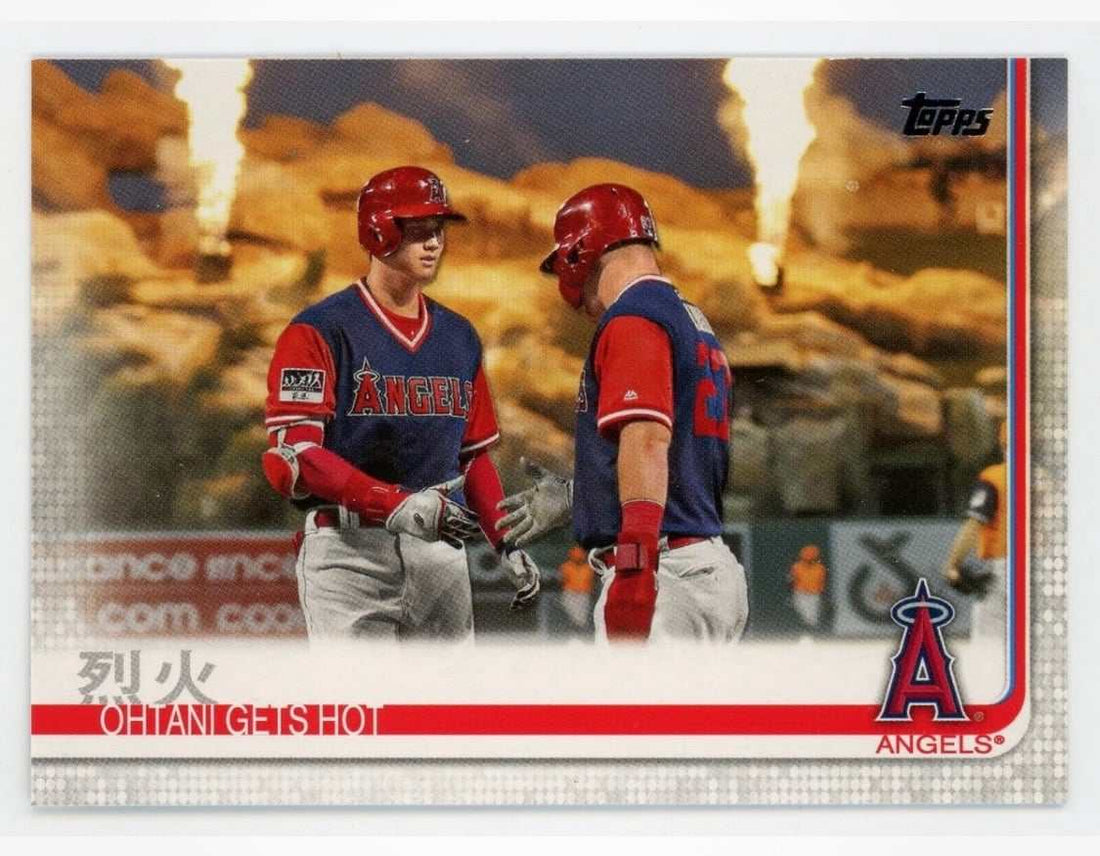 2019 Topps Shohei Ohtani Gets Hot baseball card featuring Mike Trout LA Angels card 367