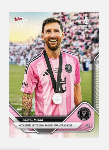 Lionel Messi 2025 Topps NOW MLS Card 144 with MLS Cup MVP medal in Inter Miami kit