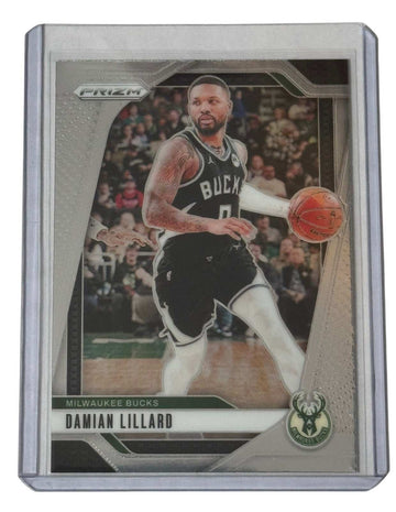 Damian Lillard Milwaukee Bucks Panini Prizm basketball card in protective case