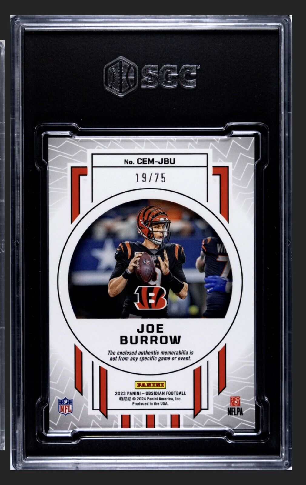 Joe Burrow trading card 19/75 2023 Obsidian Cutting Edge Electric Jersey Patch Bengals SGC 9 graded collectible