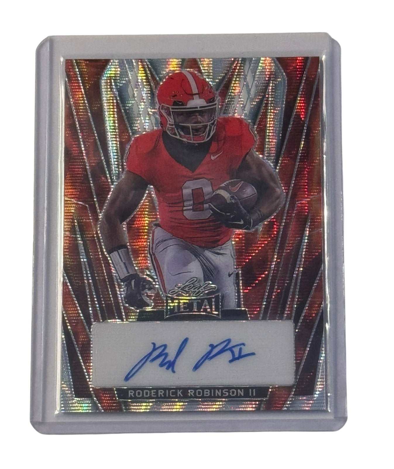 Roderick Robinson II 3/3 Leaf Metal RC football card with autograph and Georgia Bulldogs colors