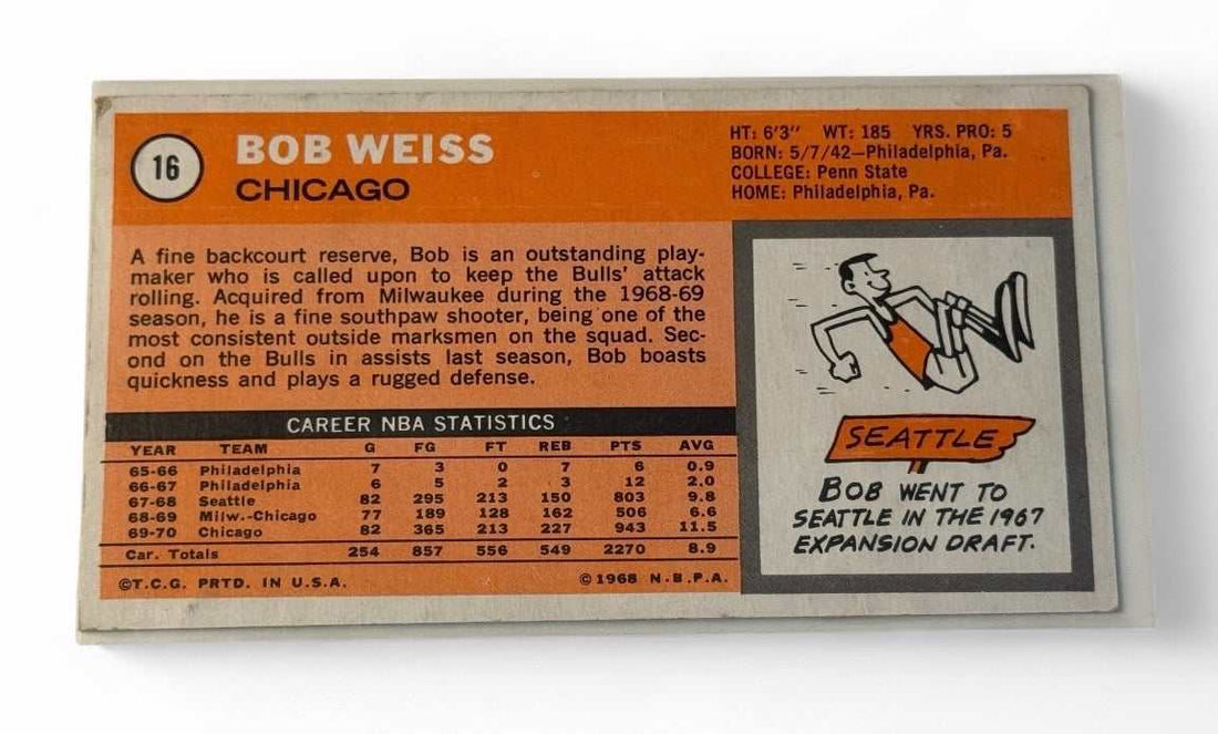 Bob Weiss Tallboy Topps 1970-71 Topps Bob Weiss Tallboy Basketball Card 68 NBA Chicago Bulls Vintage