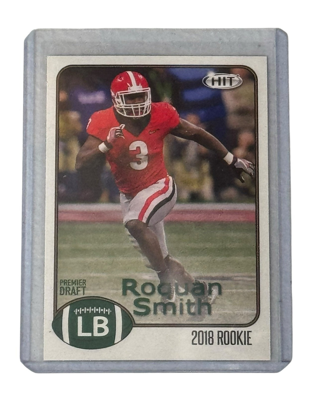 Roquan Smith RC 2018 SAGE HIT Premier Draft rookie linebacker card in protective case