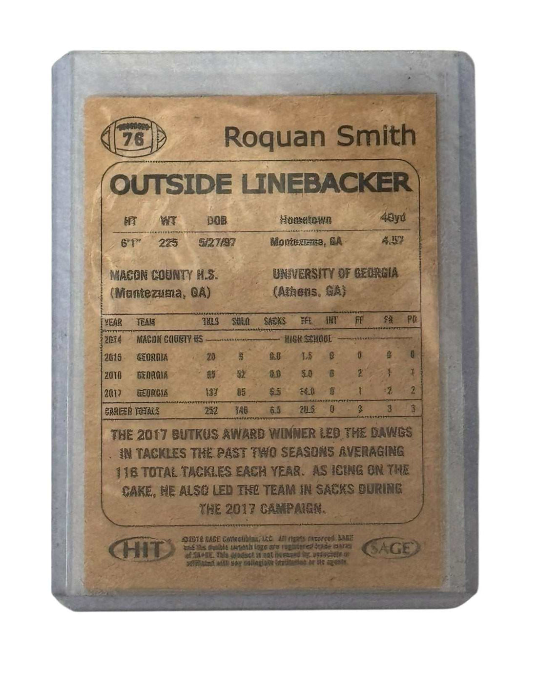 Roquan Smith RC 2018 SAGE HIT Premier Draft rookie linebacker card in protective case