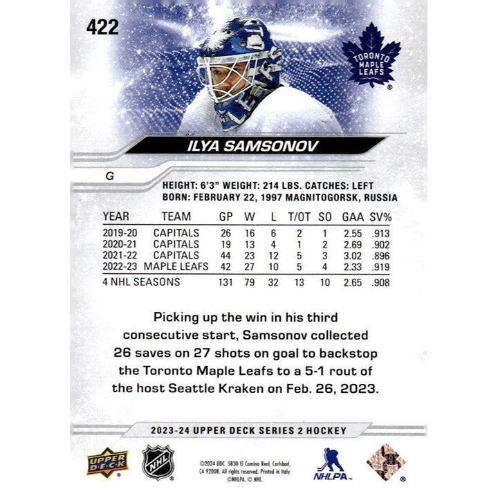 Ilya Samsonov - 2023-24 Upper Deck Series 2 - NHL Hockey Card #422 - Maple Leafs