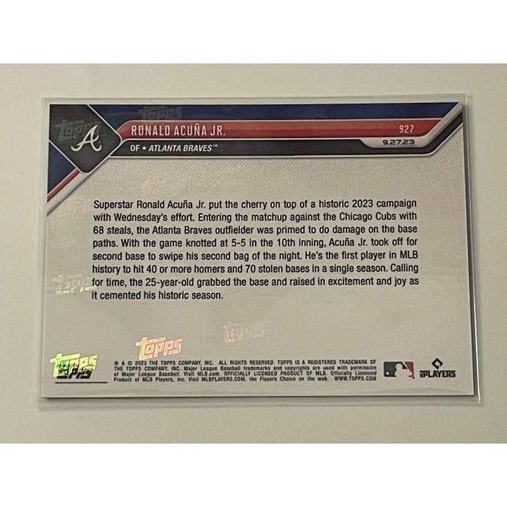 2023 Topps Now Ronald Acuna Jr. Atlanta Braves baseball card celebrating first 40 HR and 70 SB season