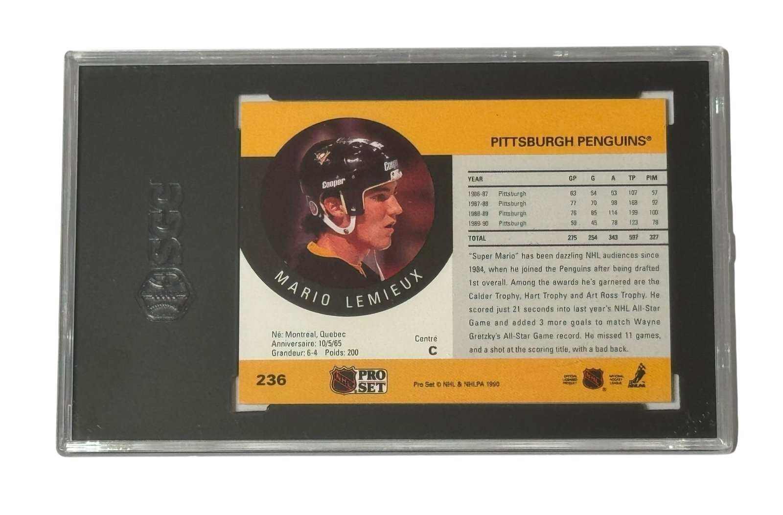 Mario Lemieux 1990-91 Pro Set #236 NHL Pittsburgh Penguins vintage hockey card SGC 8 graded