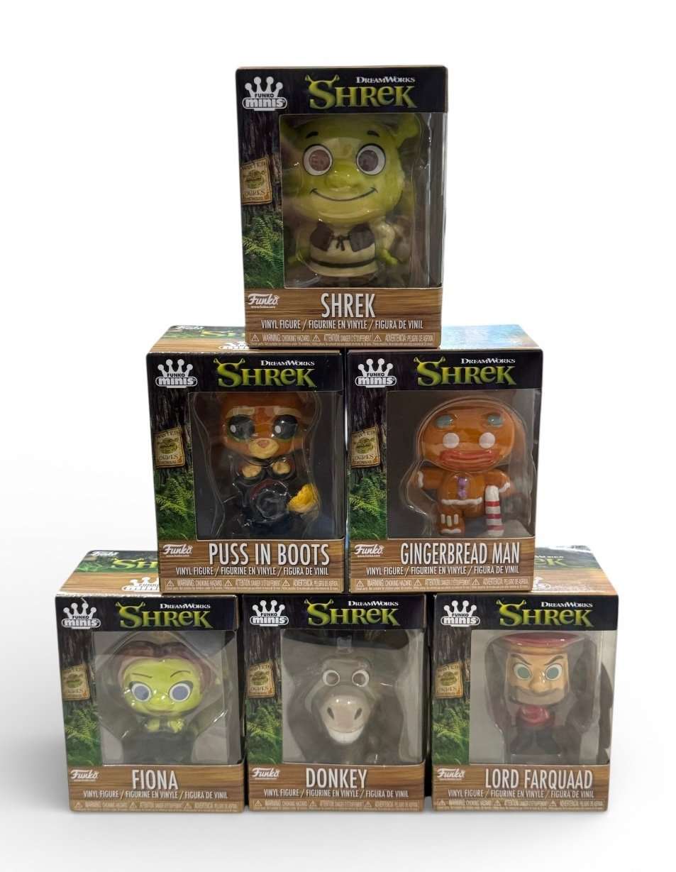 Funko MINIs Shrek full set six collectible figures including Shrek, Fiona, Donkey, Puss in Boots, Gingerbread Man, and Lord Farquaad in original display boxes