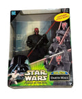 Vintage new-sealed Star Wars Power Of The Jedi Mega Action Darth Maul figure with lightsaber attack motion in original packaging