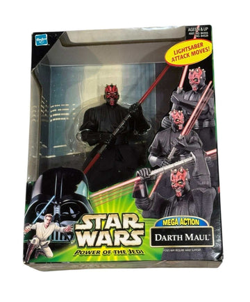 Vintage new-sealed Star Wars Power Of The Jedi Mega Action Darth Maul figure with lightsaber attack motion in original packaging