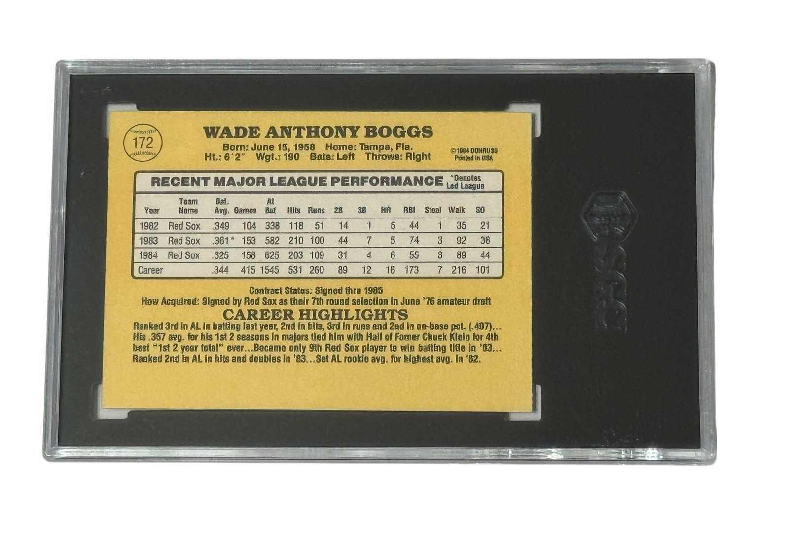 Wade Boggs 1985 Donruss #172 SGC 8 Boston Red Sox MLB graded baseball card back view
