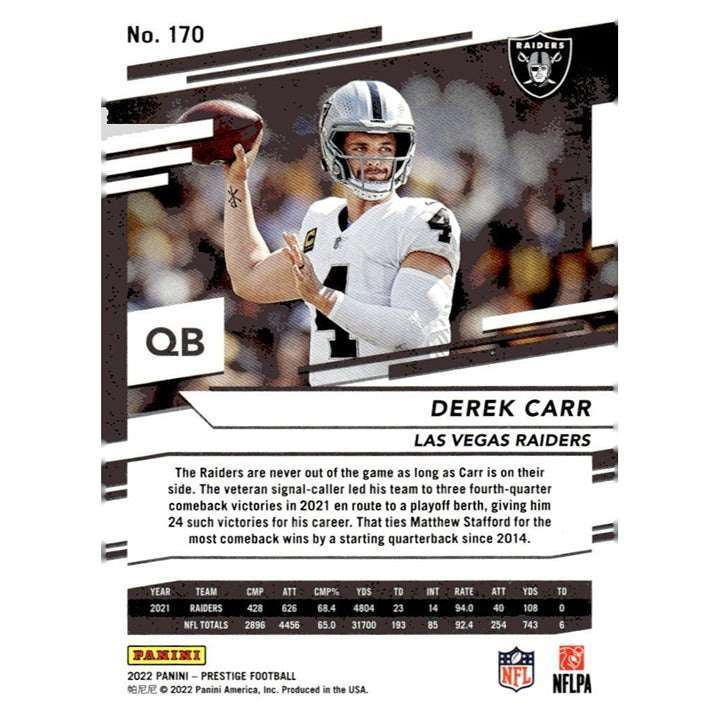 2022 Panini Prestige Derek Carr Las Vegas Raiders football card 170