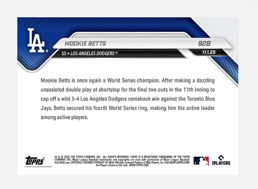 5000 PR Mookie Betts 2025 Topps Now MLB card celebrating Dodgers World Series win
