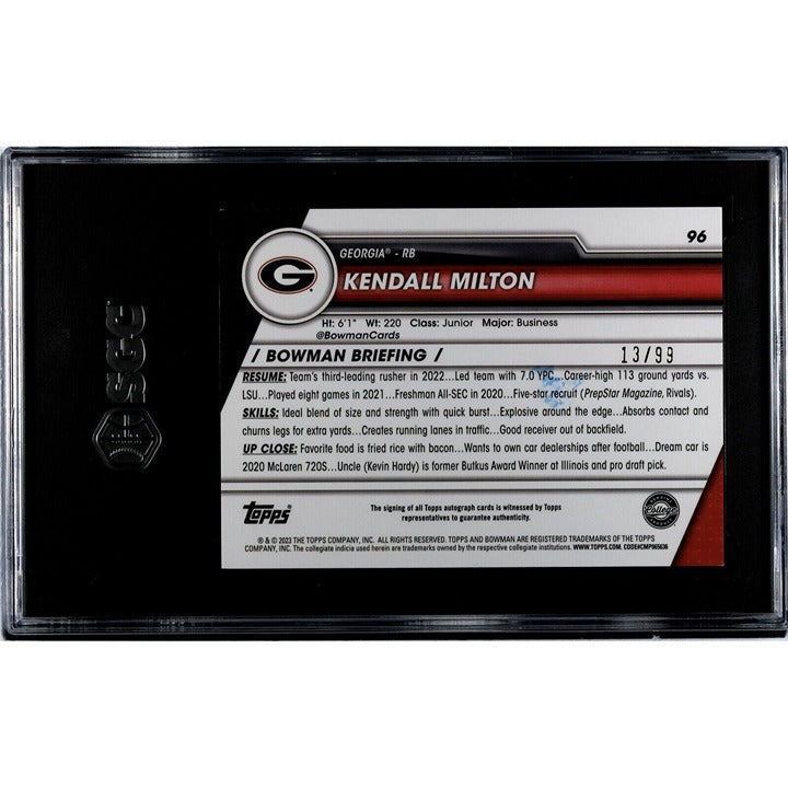 2023 Bowman Chrome U Kendall Milton 13/99 Green Auto RC UGA Refractor - SGC 8.5*