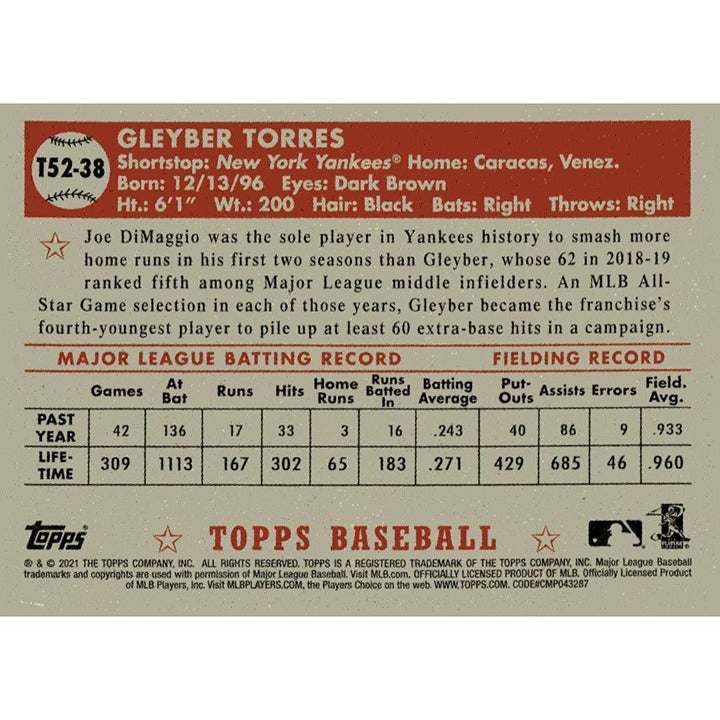 2021 Topps Heritage Gleyber Torres MLB New York Yankees baseball card T52-38