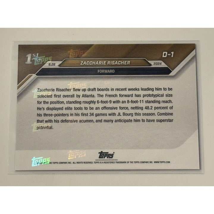 Zaccharie Risacher RC 2024 Topps Now NBA Draft Night Rookie card in suit, 1st overall pick