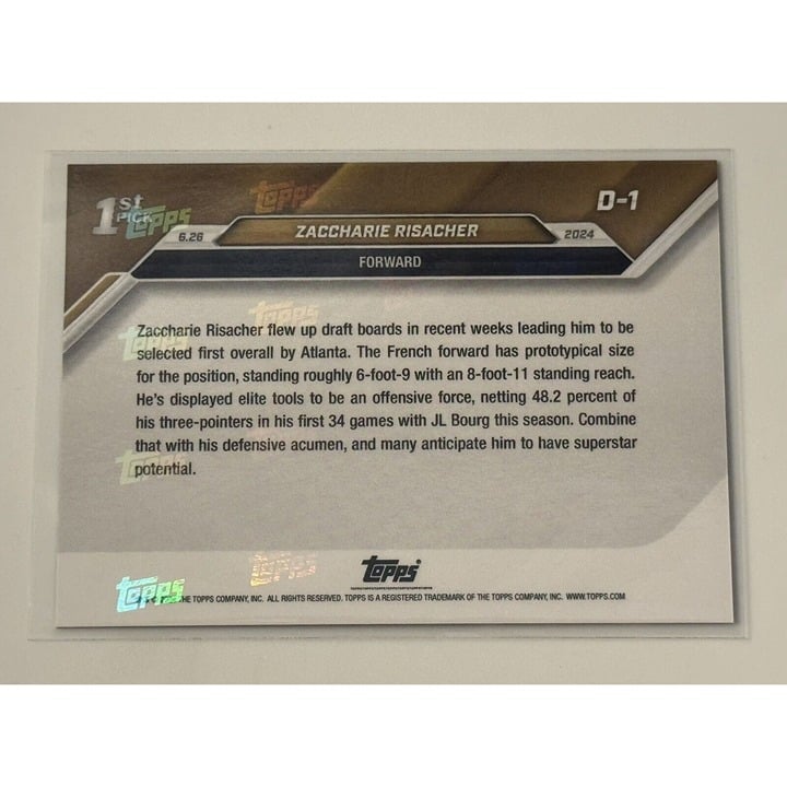 Zaccharie Risacher RC 2024 Topps Now NBA #D-1 Draft Night Rookie Hawks - IN HAND