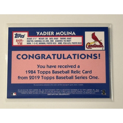 Yadier Molina* 2019 Topps 1984 Game Jersey Relic #84R-YM - MLB Cardinals PR:5751