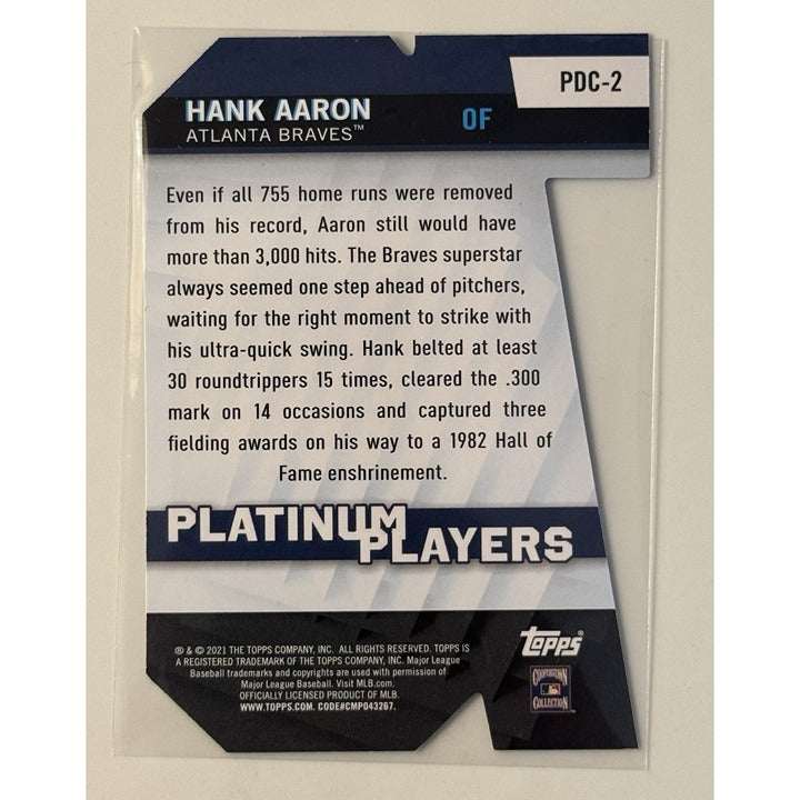 Hank Aaron 2021 Topps Series One Platinum Players die-cut baseball card in Atlanta Braves uniform