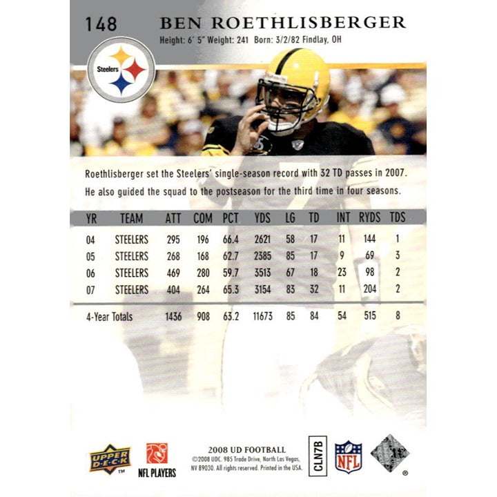 2008 Upper Deck Ben Roethlisberger NFL Pittsburgh Steelers football card #148