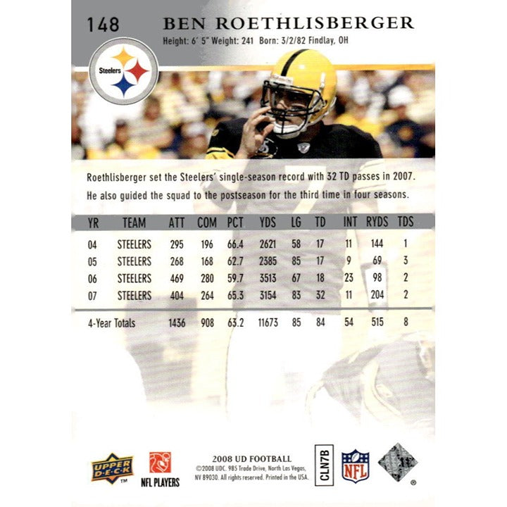 2008 Upper Deck Ben Roethlisberger NFL Pittsburg Steelers Football Card #148 HOF