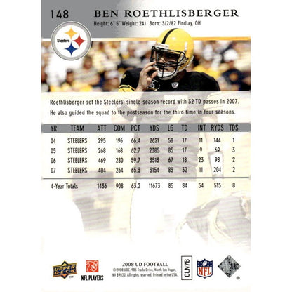 2008 Upper Deck Ben Roethlisberger NFL Pittsburg Steelers Football Card #148 HOF