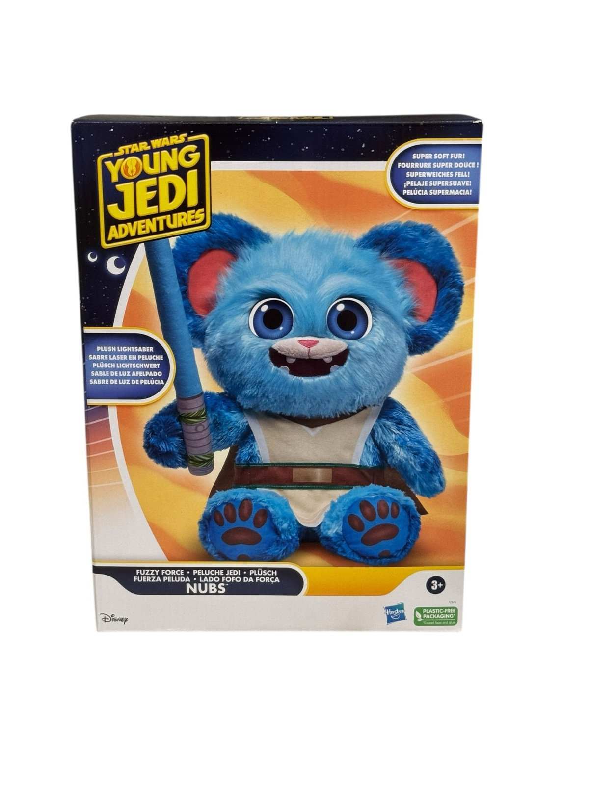 Star Wars Young Jedi Adventures Nubs Fuzzy Force 12-inch plush by Hasbro with soft fur and lightsaber in eco-friendly packaging
