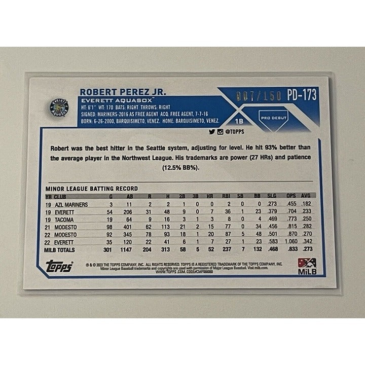 2023 Topps Pro Debut 7/150 Robert Perez Jr. RC Refractor Card #PD-173 - Mariners