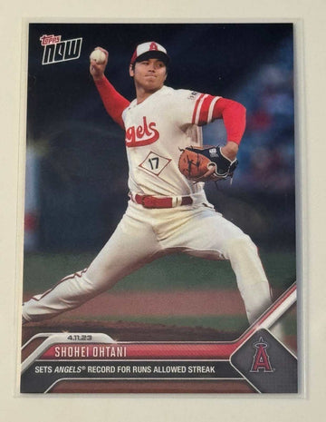 Shohei Ohtani 2023 Topps Now card pitching for Angels with record runs allowed streak.