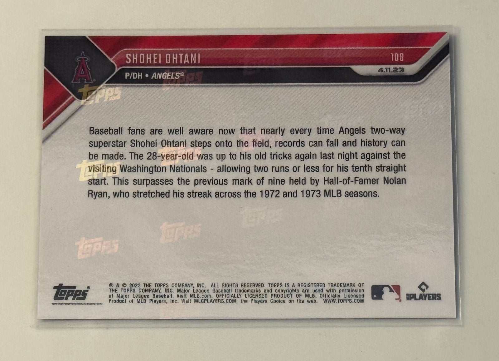 Shohei Ohtani 2023 Topps Now #108 baseball card highlights Angels record runs allowed streak against Nationals