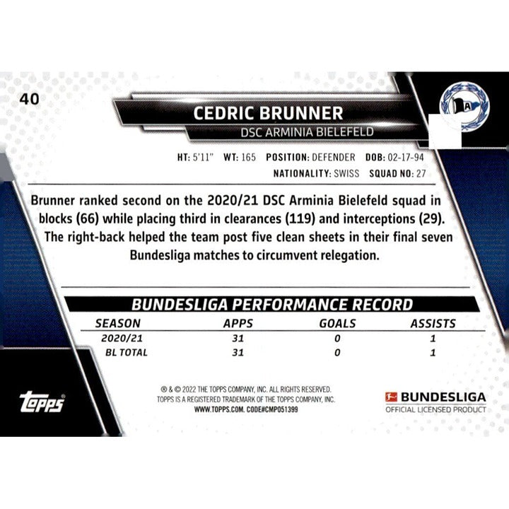 2021-22 Topps Bundesliga Soccer- Futbol #40 Cedric Brunner DSC Arminia BIELEFELD