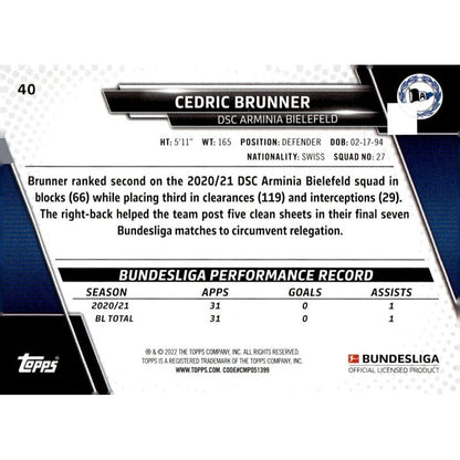 2021-22 Topps Bundesliga Soccer- Futbol #40 Cedric Brunner DSC Arminia BIELEFELD