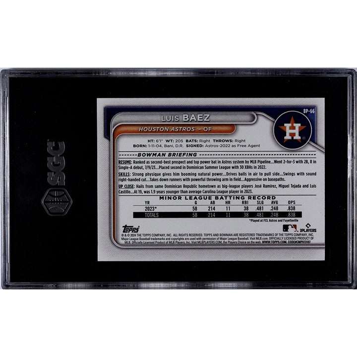 2024 Bowman Chrome Luis Baez rookie card graded SGC 10 with Houston Astros branding