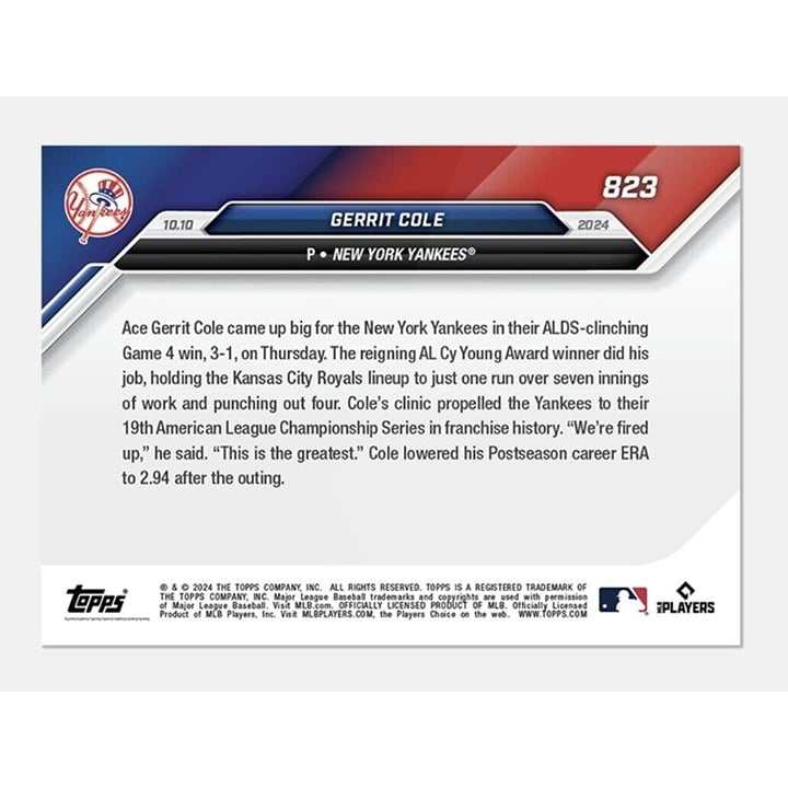 2024 Topps NOW Gerrit Cole MLB Yankees ace ALCS limited print trading card