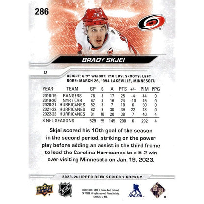Brady Skjei 2023-24 Upper Deck Series 2 Update NHL Hurricanes Hockey - Card #286