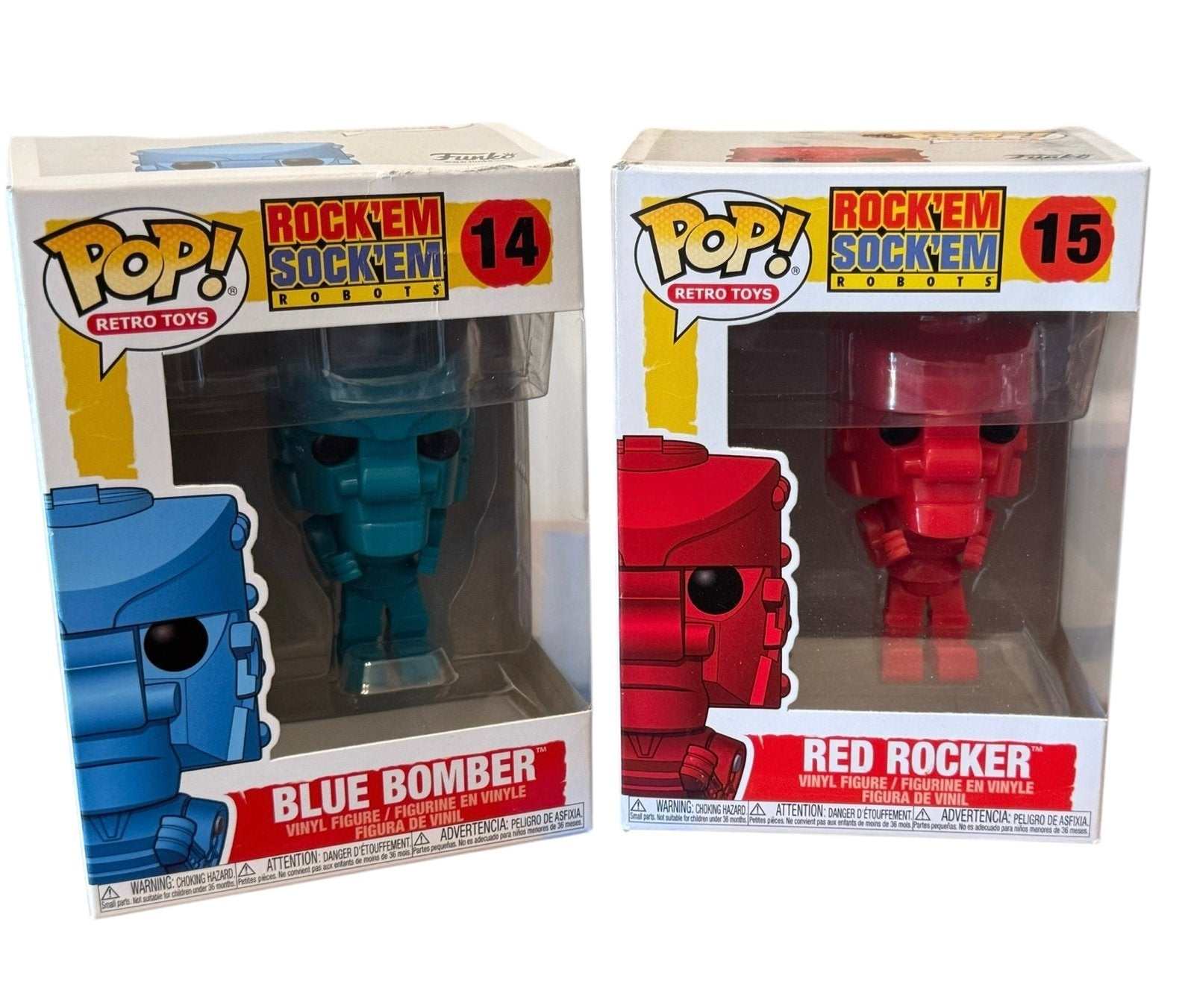 Funko POP Retro Toys Rock Em Sock Em Robots Blue Bomber #14 and Red Rocker #15 collectible vinyl figures set