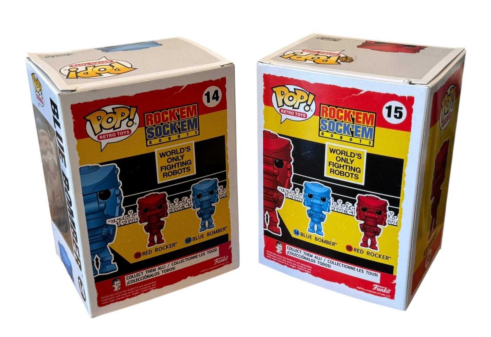 Funko POP Retro Toys Rock Em Sock Em Robots Blue Bomber and Red Rocker collectible figures in original packaging