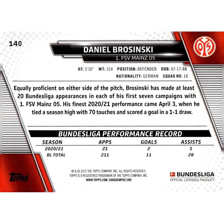 2021-22 Topps Bundesliga Soccer 140 Daniel Brosinski 1 FSV MAINZ 05 Futbol Card