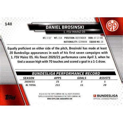 2021-22 Topps Bundesliga Soccer 140 Daniel Brosinski 1 FSV MAINZ 05 Futbol Card