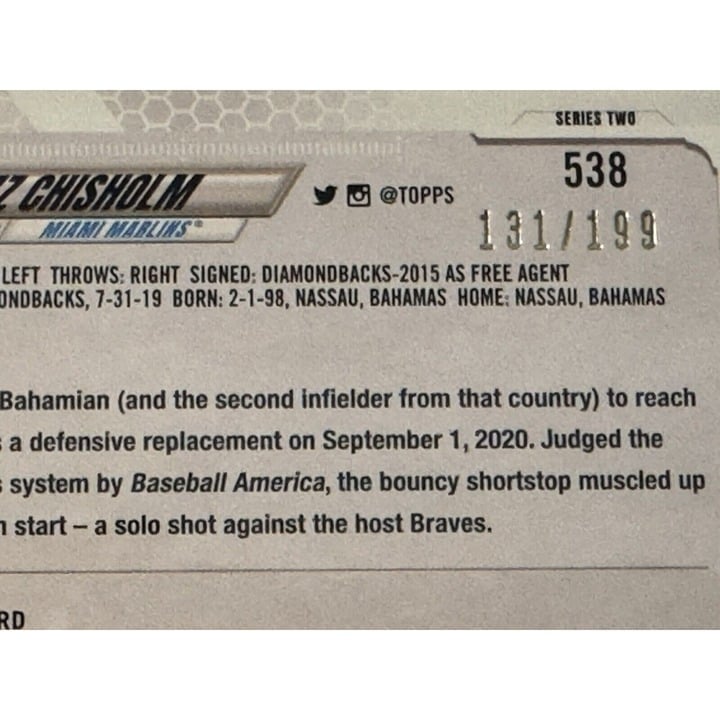 131/199 Jazz Chisholm RC 2021 Topps Series 2 Green Foil MLB Marlins/Yankees #538