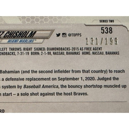 131/199 Jazz Chisholm RC 2021 Topps Series 2 Green Foil MLB Marlins/Yankees #538