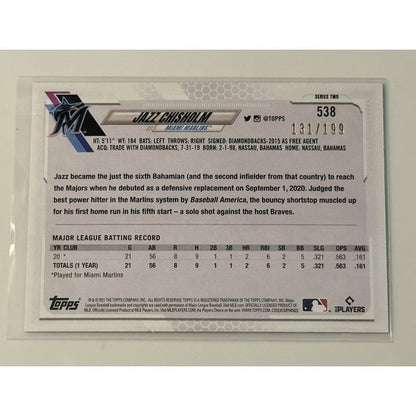131/199 Jazz Chisholm RC 2021 Topps Series 2 Green Foil MLB Marlins/Yankees #538