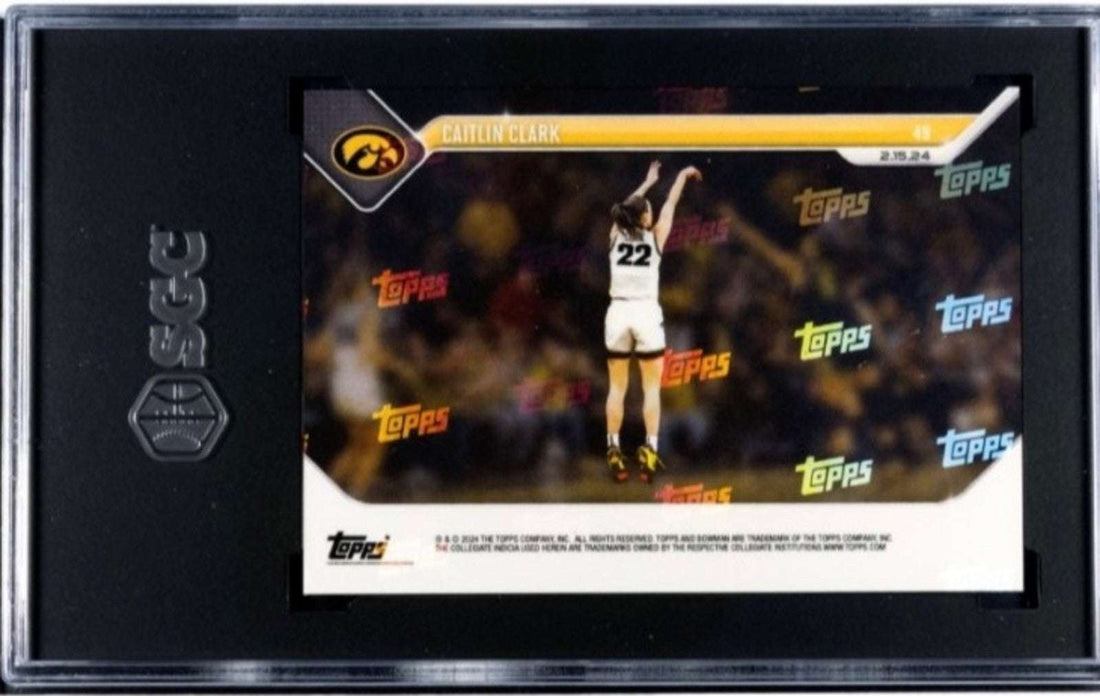 Caitlin Clark RC 2023-24 Bowman U Now rookie card #49 graded SGC 10 with Iowa jersey and scoring record background