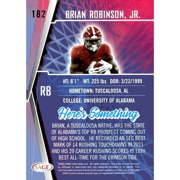 2022 SAGE High Series Football Card  #182 Brian Robinson Jr. RC* NFL Commanders*
