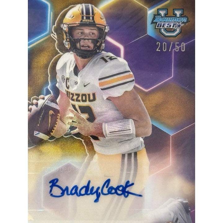Brady Cook RC Auto Gold 2023 Bowman U Best Missouri Tigers football card numbered 20 of 50