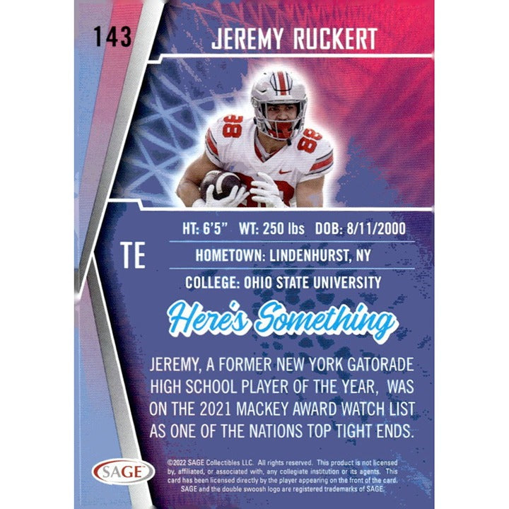 2022 SAGE High Series Football Card  #143 Jeremy Ruckert RC Silver - NFL NY JETS