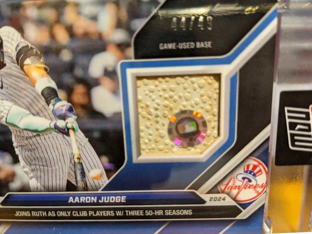 44/49 2024 Topps Now Aaron Judge game used base relic baseball card with Ruth 3 50 HR seasons