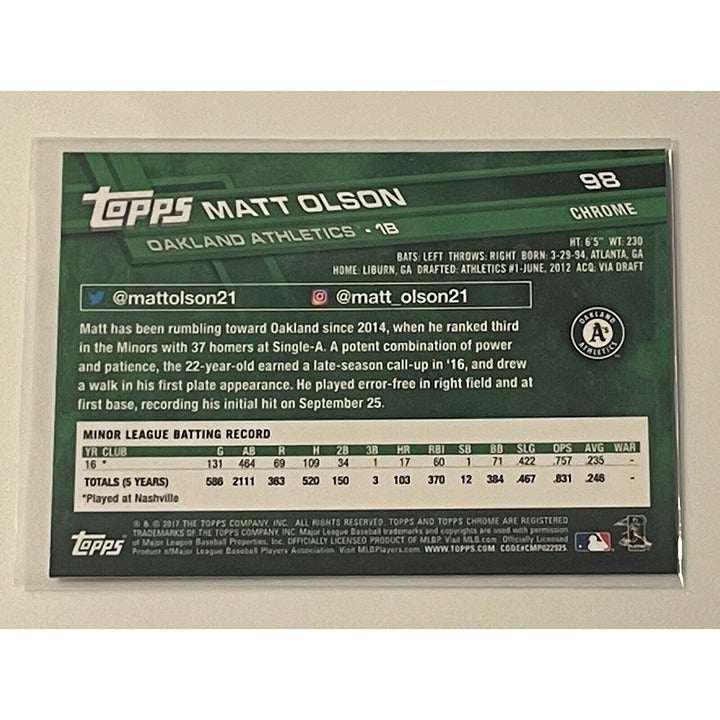 2017 Topps Chrome Matt Olson Rookie Card #98 Oakland Athletics baseball card in protective sleeve