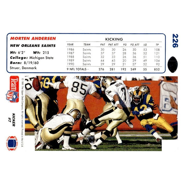 1991 Upper Deck Card #226 Morten Andersen* - NFL New Orleans Saints Football HOF